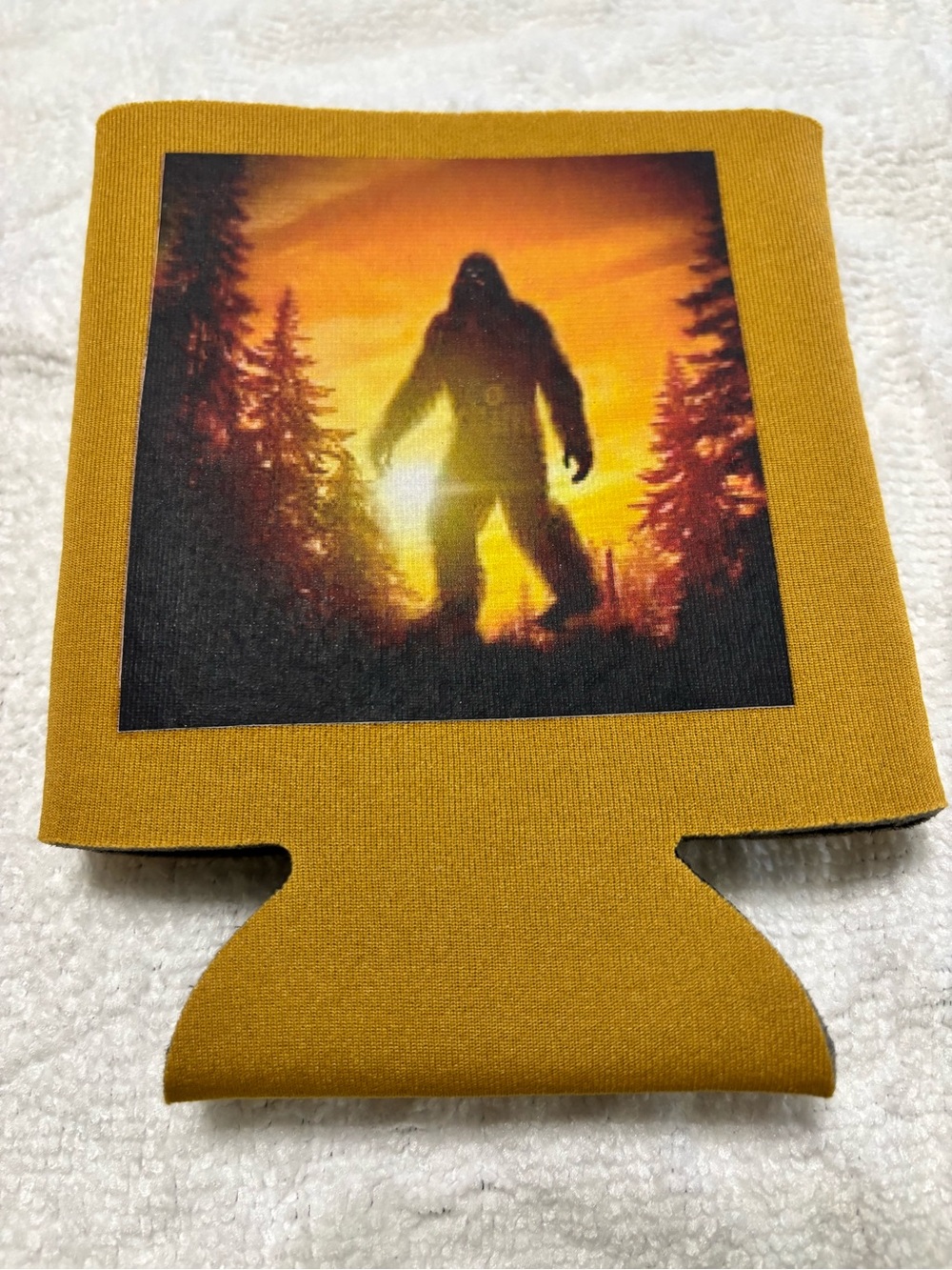 NEW Mustard Yellow Can Cooler with Bigfoot Sunset Graphic